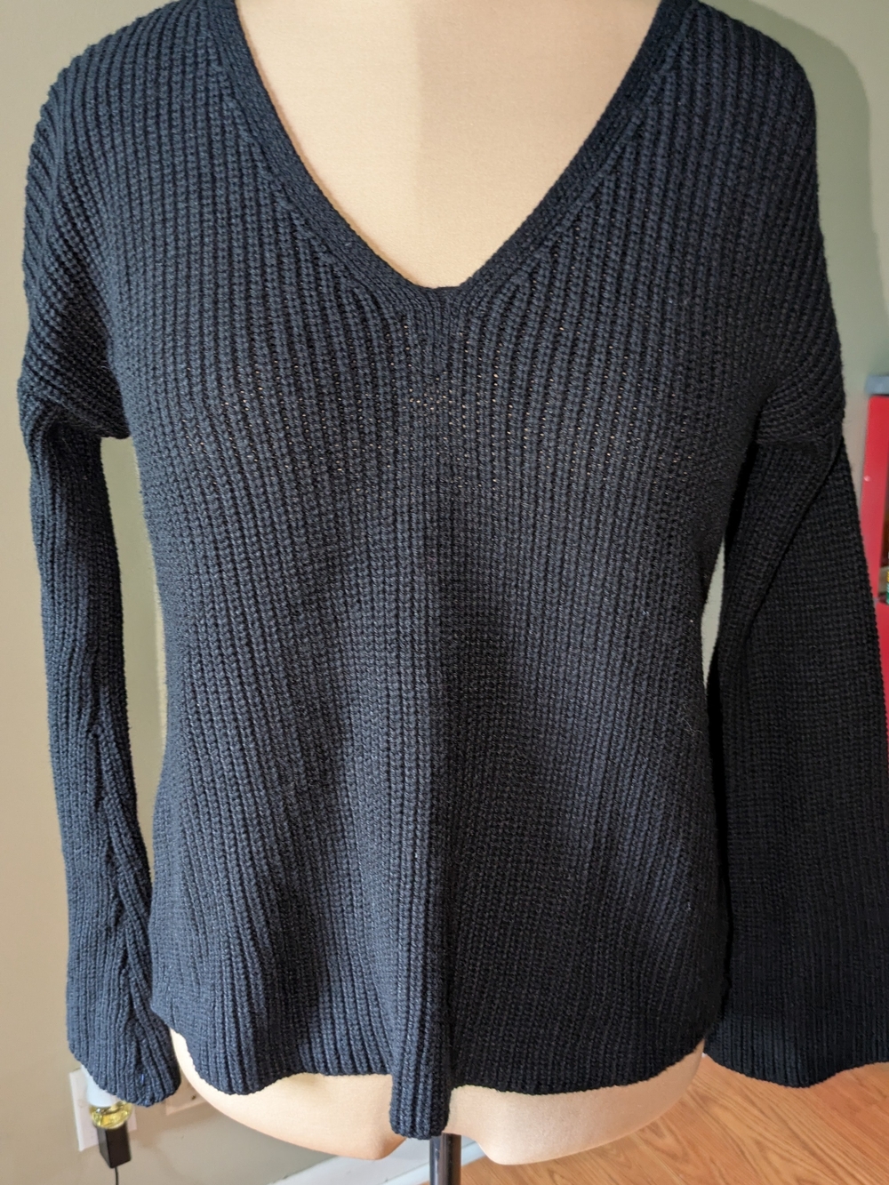 Classic V-Neck Women’s Black Knit Sweater With Bell Sleeves